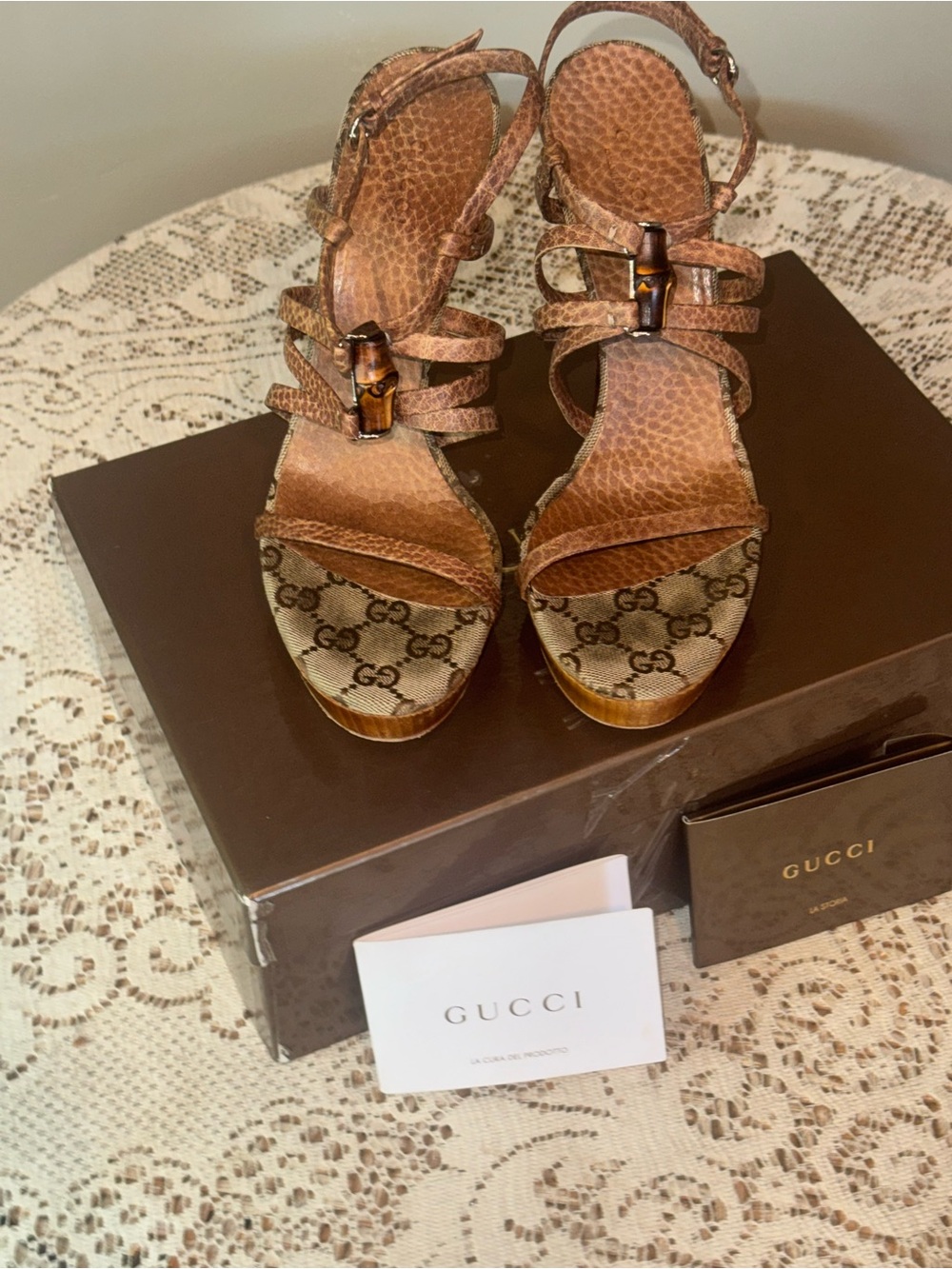 Gucci Brown Leather & GG Canvas Wedge Sandals with Bamboo Accent